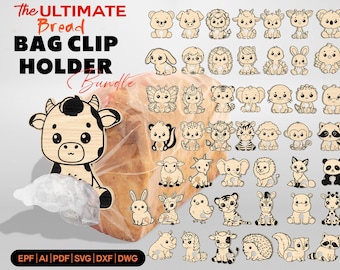 Cute Animal Bread Bag Clip Holder Laser Cut Files , Wooden Food Bag Sealer SVG Bundle , Farm Animal Clipart For Laser Cutting