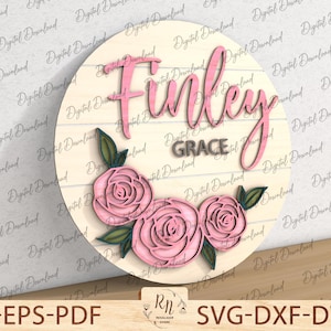 Rose Sign Laser Cut File , Flower Nursery Name Sign SVG, Nursery Wall Art, Floral Door Hanger, Glowforge Ready File, Laser Cut File