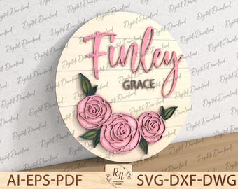 Rose Sign Laser Cut File , Flower Nursery Name Sign SVG, Nursery Wall Art, Floral Door Hanger, Glowforge Ready File, Laser Cut File