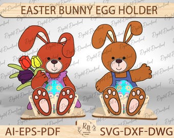 Soporte para huevos de conejo de Pascua cortado con láser svg, Soporte para huevos de Pascua de oso cortado con láser svg, Paquete de soporte para huevos Glowforge Svg, Soporte para huevos de Pascua Svg