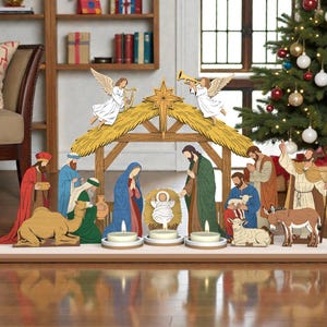 May include: A wooden nativity scene with figures of Mary, Joseph, baby Jesus, angels, and the Three Wise Men. The scene includes a stable, a camel, a donkey, and a lamb. Two lit candles are in front of the baby Jesus. A Christmas tree is in the background.