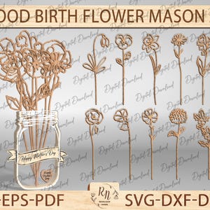 Hout geboorte bloem Mason Jar Svg, Moederdag bloemen SVG, cadeau voor moeder SVG, beste moeder ooit, Glowforge klaar bestand
