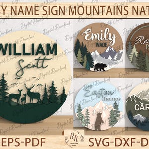 Baby Name Berg Natur Zeichen Laser geschnitten svg, Berge Natur Hirsch Kinderzimmer Runde Sig, Wildlife Nursery Decor, rundes Holz