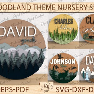 Decorazione per cameretta dei bambini, cartello del bosco in formato SVG, arte murale di montagna, cartello con animali del bosco in formato SVG, file tagliato al laser per Glowforge
