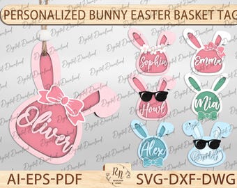 May include: A set of six personalized bunny Easter basket tags with different names, including Oliver, Sophia, Emma, Howl, Mia, and Alex. The tags are pink, blue, and green with bunny ears and bows. The tags are designed for cutting with a Cricut or Silhouette.