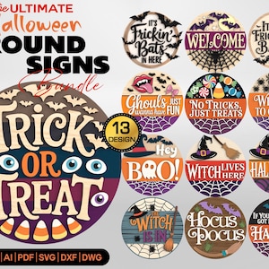 Spooky Wooden Door Hanger Laser Cut Files, Halloween Round Sign Bundle SVG,  Trick or Treat Porch Sign Glowforge Template