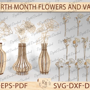 Geboortemaand bloemen en vaas lasergesneden bestand SVG, houten geboorte Mont-bloemboeket, Moederdagcadeau, Nana's Garden