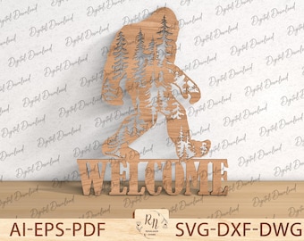 May include: A wooden cutout of a Bigfoot with trees inside its silhouette, standing on a wooden sign that says "WELCOME".