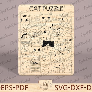 May include: A black and white digital download of a cat puzzle. The puzzle features a variety of cats with different expressions and poses. The text "CAT PUZZLE" is at the top of the image.
