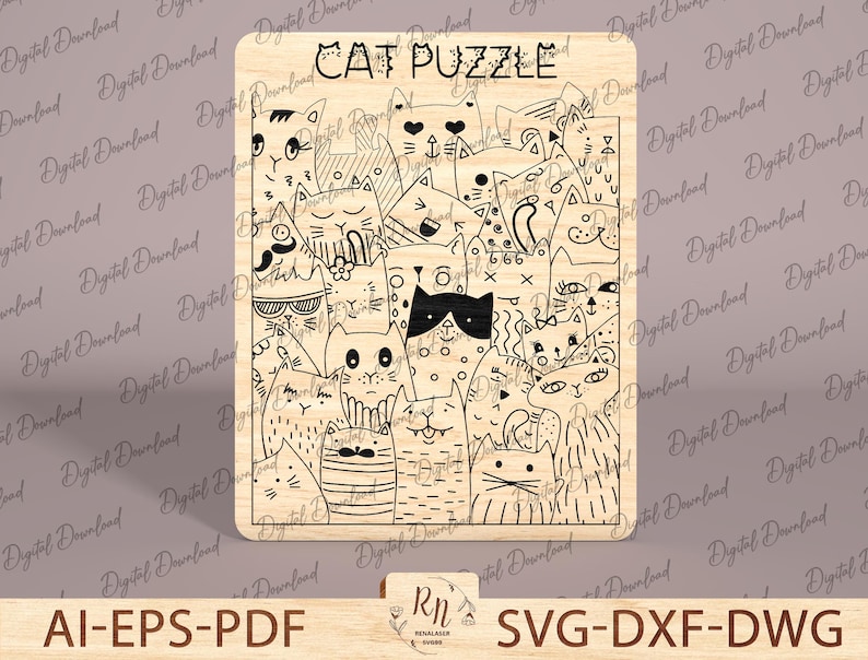 May include: A black and white digital download of a cat puzzle. The puzzle features a variety of cats with different expressions and poses. The text "CAT PUZZLE" is at the top of the image.