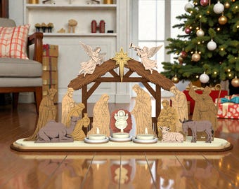 May include: Wooden nativity scene with angels, a star, and figures of the holy family, wise men, and animals. The scene includes two lit candles and is set on a wooden base. A Christmas tree is in the background.