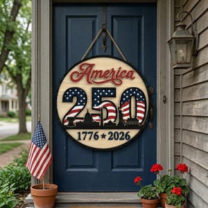 May include: A round wooden sign with the word "America" in red script above the number "250" with a silhouette of landmarks and the dates "1776 * 2026". The sign is hanging on a blue door.