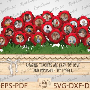 May include: A wooden flower pot with a scalloped edge and a white ribbon. The pot is filled with red flowers with white centers. Each flower has a photo of a child in the center. The pot has the text "AMAZING TEACHERS ARE EASY TO LOVE AND IMPOSSIBLE TO FORGET" on the front.