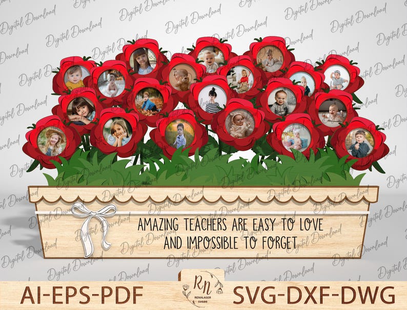 May include: A wooden flower pot with a scalloped edge and a white ribbon. The pot is filled with red flowers with white centers. Each flower has a photo of a child in the center. The pot has the text "AMAZING TEACHERS ARE EASY TO LOVE AND IMPOSSIBLE TO FORGET" on the front.