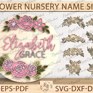 Blumen-Rosen-Namensschild Digital Cut-Datei, Blumenthema Baby-Kinderzimmer-Namensschild, Glowforge Nursery Name Layered Floral File, Glowforge-Dateien