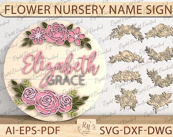 Flower Roses Name Sign Digital Cut File, Floral Theme Baby Nursery Name Sign, Glowforge Nursery Name Layered Floral File,Glowforge Files