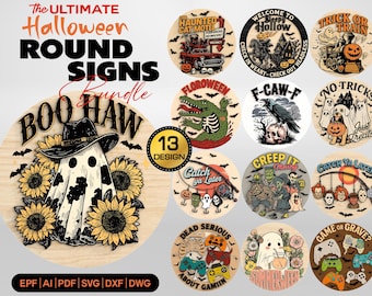May include: A bundle of 13 Halloween round signs with various spooky designs. The signs feature ghosts, pumpkins, and bats. Text includes "The Ultimate Halloween Round Signs Bundle" and phrases like "Boo Haw" and "Trick or Train". The signs are made of wood.
