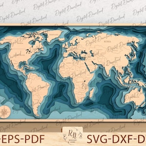 3D Holz Weltkarte Landkarte, Landkarte Multilayer SVG, Holz Wand Dekor Geschenk, Fesselnde Wandkunst, Reisekarte, Laser geschnitten Datei, Datei für Glowforge