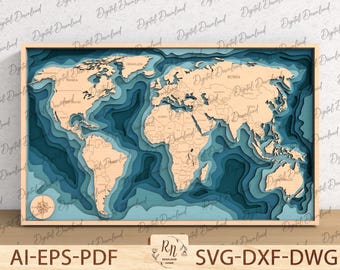 May include: A layered world map with a wooden frame and blue ocean details. The map is a digital download file for crafting projects.