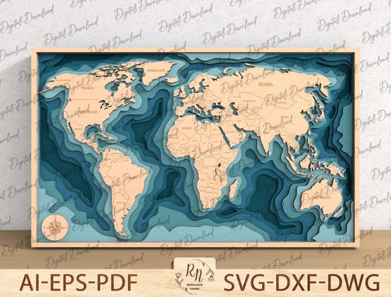 3D Wood World Map Svg, Map multilayer SVG, Wood Wall Decor Gift, Captivating Wall Art, Travel Map, Laser Cut file, File for Glowforge