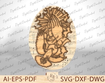 Archivo SVG en capas de manos en oración, SVG religioso de Pascua, SVG de arte mural con cruz cristiana, SVG de estante de Pascua, Archivo Glowforge
