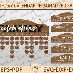 Calendario delle celebrazioni familiari SVG, file tagliato al laser per Glowforge, bacheca dei compleanni con nome di famiglia, decorazione da parete Svg