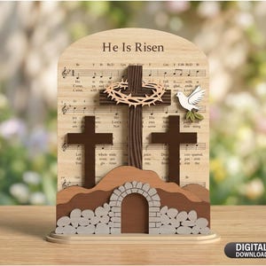 He Is Risen Easter SVG, Three Crosses Empty Tomb Laser Cut File, Resurrection Hymn Sheet Music Christian Decor, Glowforge xTool Design