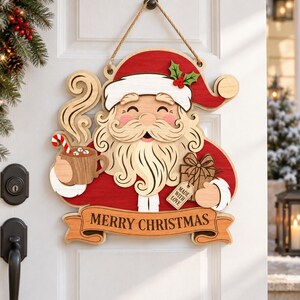 Merry Christmas Santa Door Hanger SVG, Santa Claus Holiday Sign, Layered Christmas Laser Cut File, Digital Download
