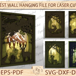 Puede incluir: Una descarga digital de un archivo de pared colgante de bosque para corte por láser. El diseño presenta una escena de montaña con árboles y ciervos. El archivo está disponible en los formatos AI, EPS, PDF, SVG, DXF y DWG.