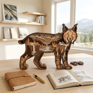 Op de afbeelding: Een meerlaags houten lynx-sculptuur met een gedetailleerde boslandschap-uitsnede in het lichaam. Het ontwerp bevat bergen, een waterval, bomen en diverse silhouetten van wilde dieren. Het object is gemaakt van gestapeld hout in bruintinten.