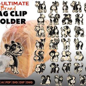 Puede incluir: Un conjunto de clips para bolsas de pan con diseños de perros. El texto dice "The ULTIMATE Bread BAG CLIP HOLDER Bundle". Los clips son en blanco y negro, con un clip bulldog adjunto a una barra de pan.