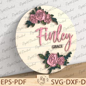 3D Flower Nursery Name Sign SVG , Rose Sign Laser Cut File, Rose Nursery Sign SVG, Nursery Wall Art, Floral Door Hanger,Glowforge Ready File