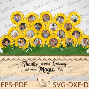 May include: A wooden planter with a sunflower design and a cutout for photos. The planter has a sign that reads "Thanks for making learning feel like magic."