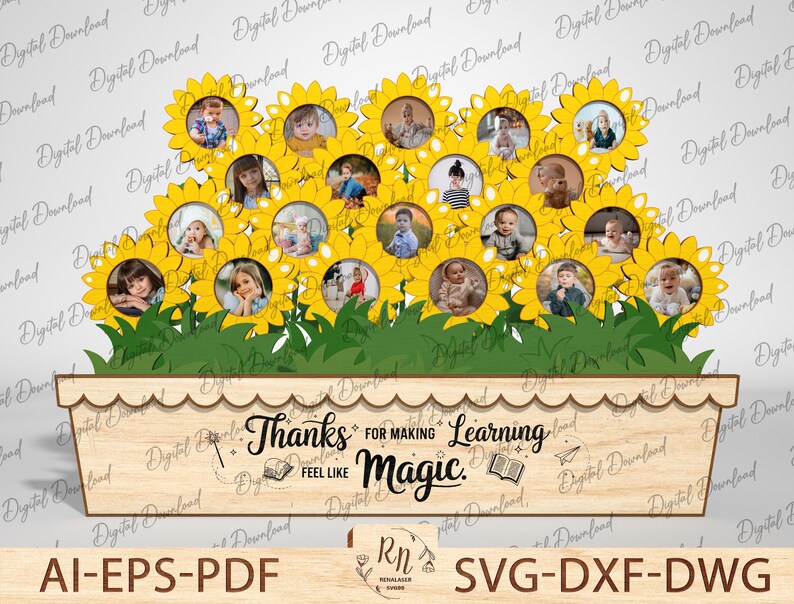 May include: A wooden planter with a sunflower design and a cutout for photos. The planter has a sign that reads "Thanks for making learning feel like magic."