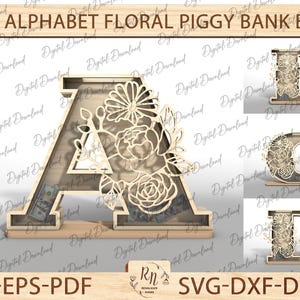 Alphabet folral piggy bank box cut file Svg, 3D Letter piggy banks bundle, Wood Gift For Kids, glowforge files, laser design