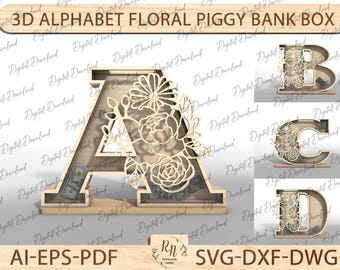 Archivo de corte de caja de alcancía folral con alfabeto Svg, paquete de alcancías con letras 3D, regalo de madera para niños, archivos Glowforge, diseño láser
