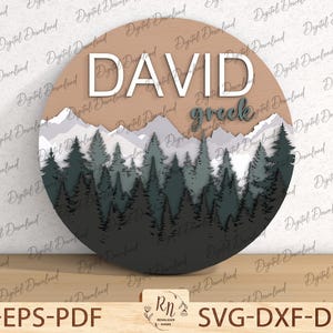 Decorazione per cameretta dei bambini cartello forestale Svg, decorazione di montagna con albero di pino, decorazione per cameretta dei bambini con fauna selvatica, legno tondo, cartello albero forestale Svg, file di taglio a strati