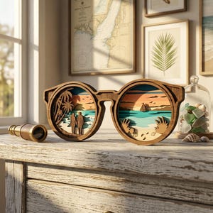 Könnte beinhalten: Ein geschichtetes Holzkunstwerk in Brillenform, das eine Strandszene mit zwei Figuren, Palmen, einem Segelboot und Meereswellen in Blau-, Orange- und Beigetönen zeigt, platziert auf einer verwitterten weißen Holzoberfläche.