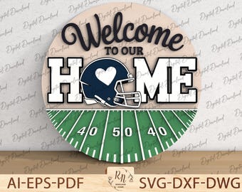 Football Welcome Sign SVG, Welcome to Our Home Round Door Hanger , Sports Laser Cut File for Glowforge Cricut Silhouette