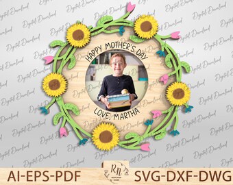 Imán para nevera con foto SVG, regalo para mamá (archivo cortado con láser Glowforge), marco magnético para nevera con foto para mamá, marco con corona floral, regalo para el Día de la Madre