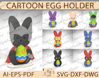 Cartoon-Eierhalter-Schnittdatei, Laser-Schnitt-Osterhasen-Eierhalter-Svg-Datei, Glowforge-Eierhalter-Stand-Bundle-Svg