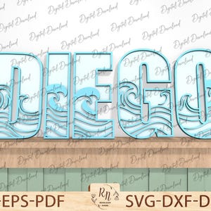 File di taglio dell'alfabeto onda marina Svg, cartello con nome personalizzato, decorazione con nome personalizzato