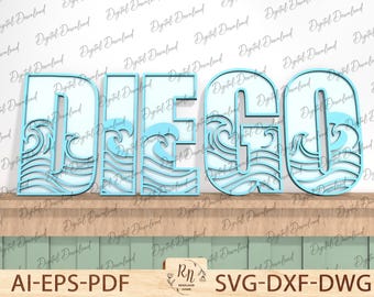 Sea wave alphabet cut file Svg, Personalised Name Sign, Custom Name Decor
