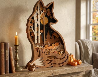 Fox Fall SVG、秋の森のキツネのレーザーカットファイル、パンプキンフォレストの棚装飾、Glowforge xTool LightBurn