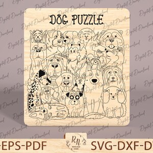 May include: A wooden sign with the text "Dog Puzzle" in black lettering. The sign features a black and white illustration of a group of dogs with different breeds and expressions.