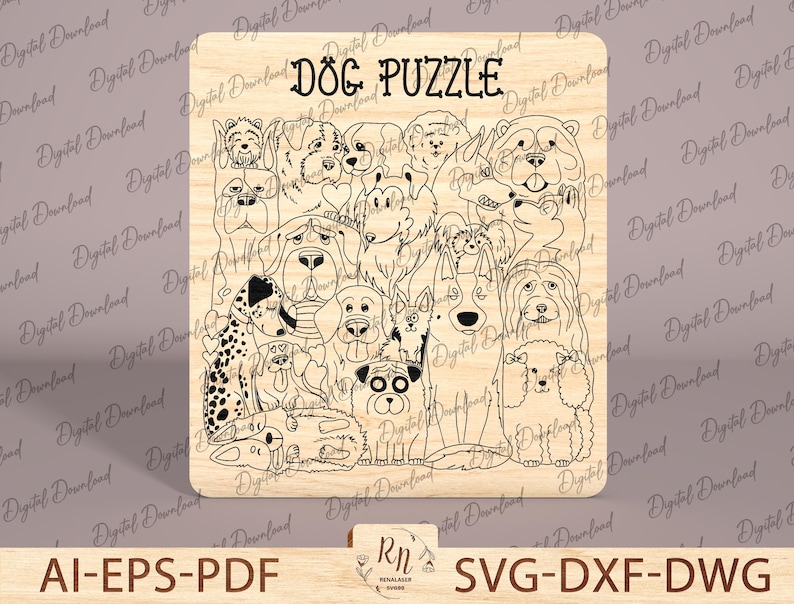 May include: A wooden sign with the text "Dog Puzzle" in black lettering. The sign features a black and white illustration of a group of dogs with different breeds and expressions.
