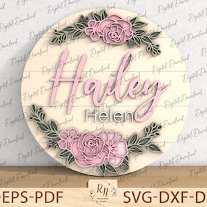 Rose Zeichen Laser geschnitten Datei, geschichtete Blume Laser geschnitten Datei svg, Tür Aufhänger, Glowforge Nursery Name geschichtete Blumendatei, Glowforge Laser Cut Datei