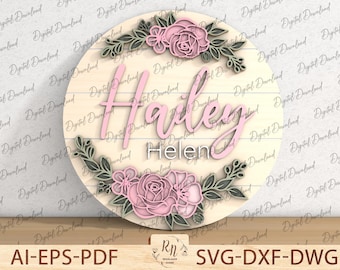 Rose Sign Laser Cut File,Layered Flower Laser Cut file svg,Door hangers, Glowforge Nursery Name Layered Floral File,Glowforge Laser Cut File