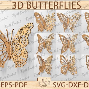 Bundle 3D papillon découpé au laser SVG, papillon en bois avec emboîtement, décoration de maison et de jardin fichiers découpés au laser, 3D papillon art SVG