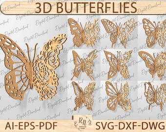 Bundle 3D Butterfly Laser Cut SVG, farfalla in legno ad incastro, file di taglio laser per decorazioni per la casa e il giardino, file SVG per arte di farfalle 3D